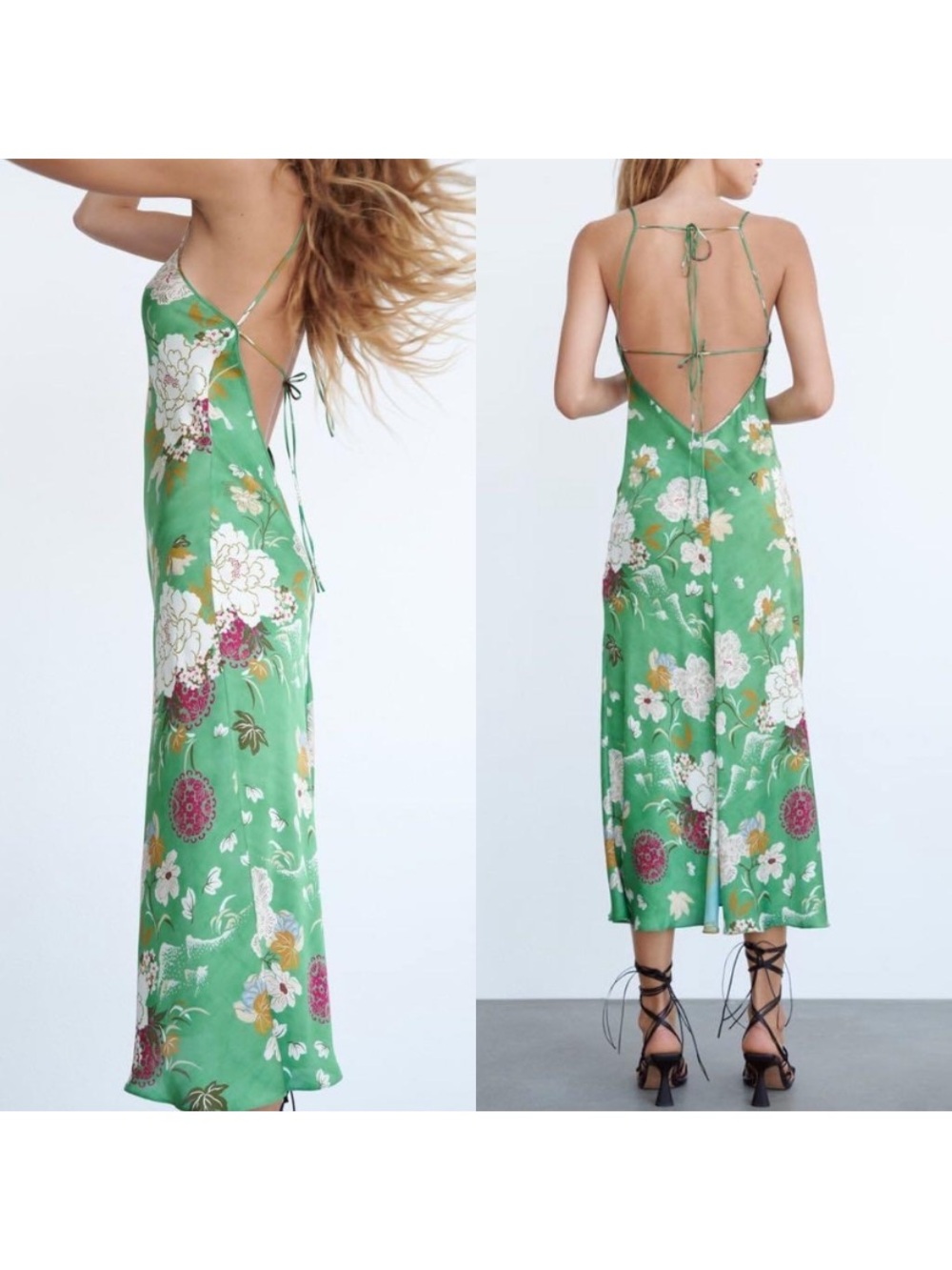 Zara Green Floral Slip Midi Dress - Strappy Back